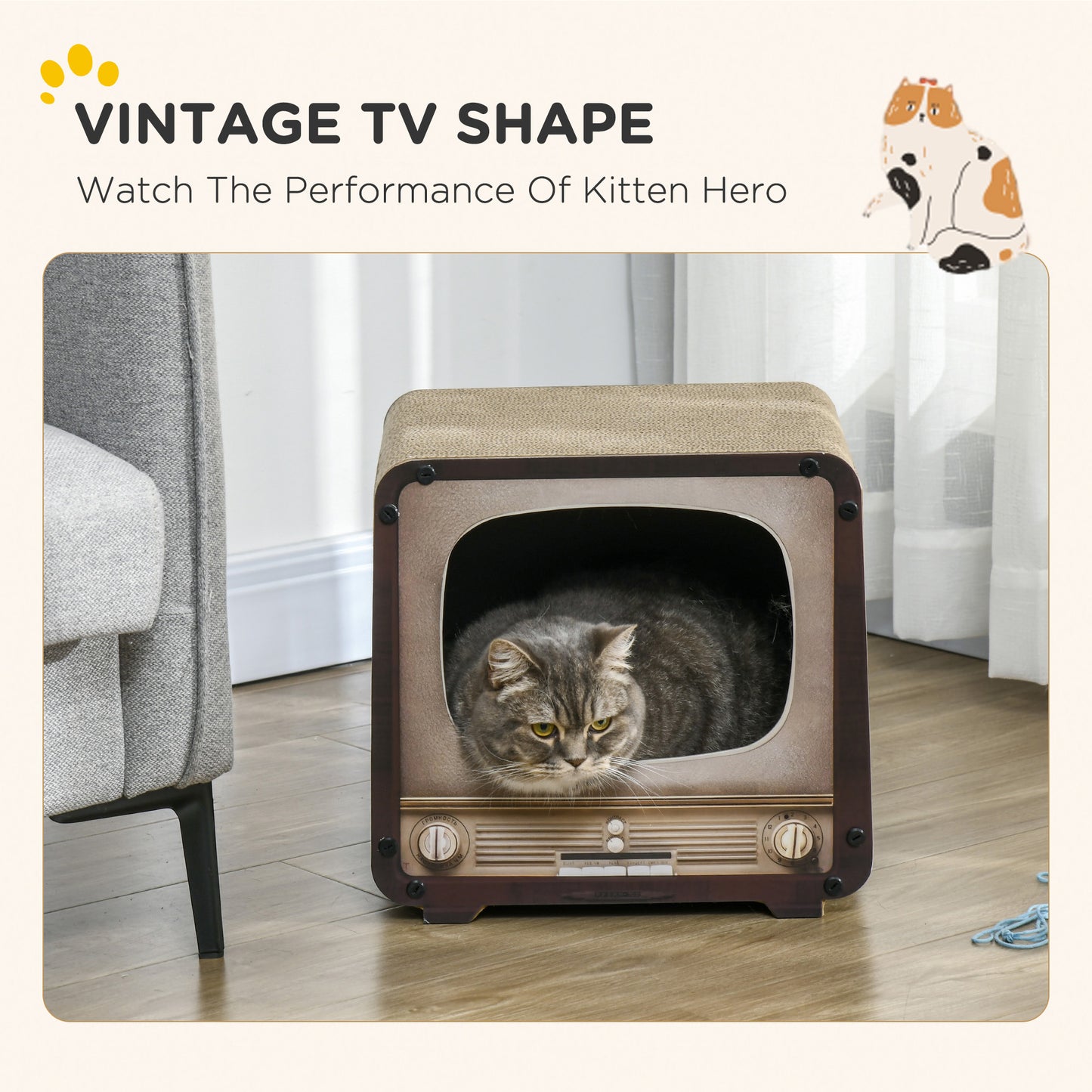 2 in 1 TV Shape Cat Scratching Board House with Catnip, for Indoor Cats in Brown | PawHut