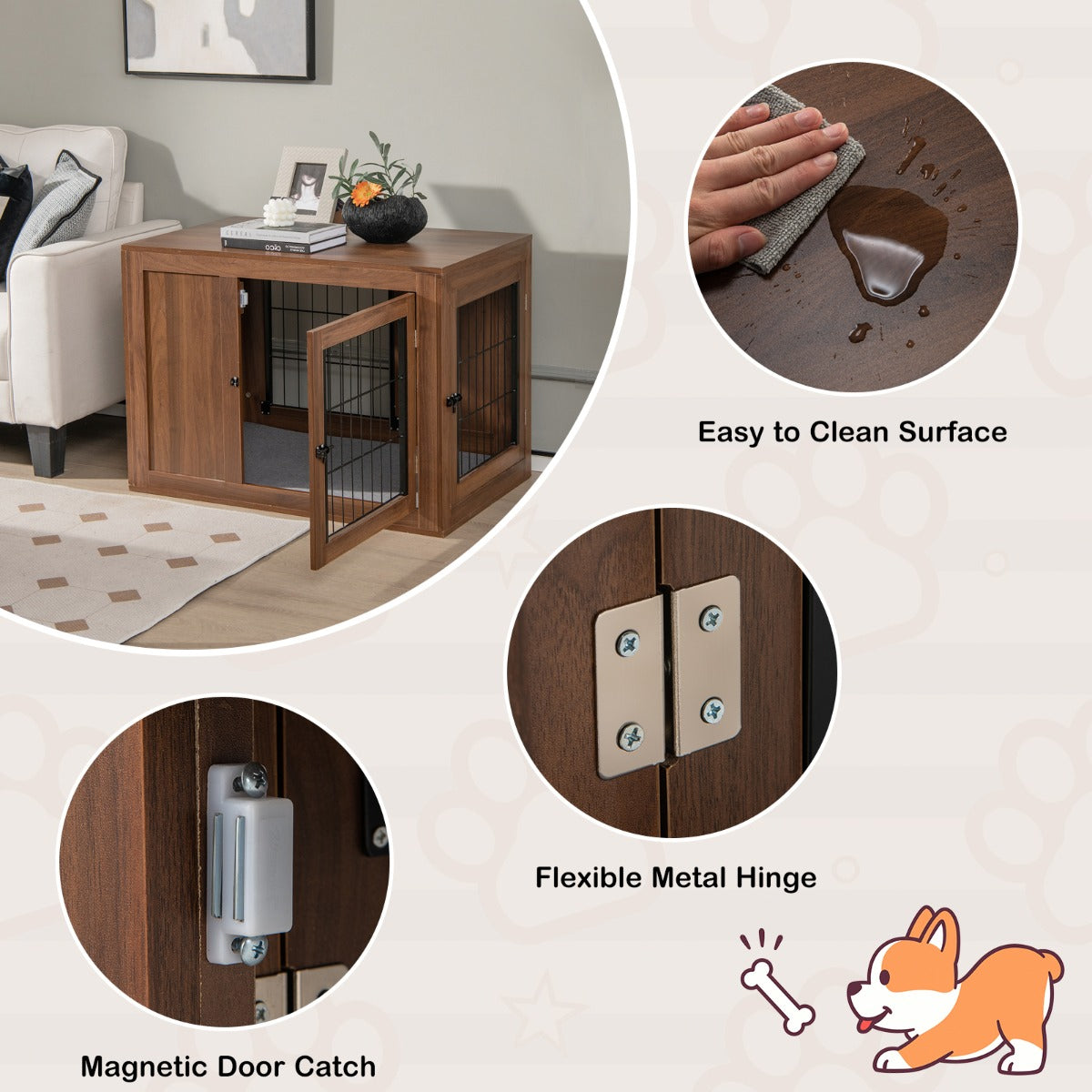 NNECW Furniture Dog Crate with Cushion & Double Mesh Doors for Indoor