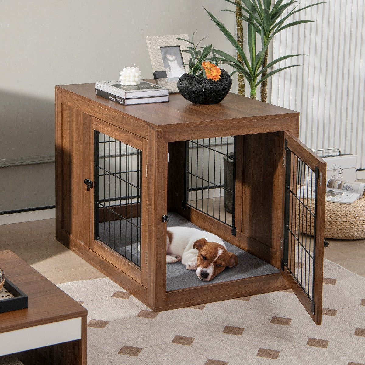 NNECW Furniture Dog Crate with Cushion & Double Mesh Doors for Indoor